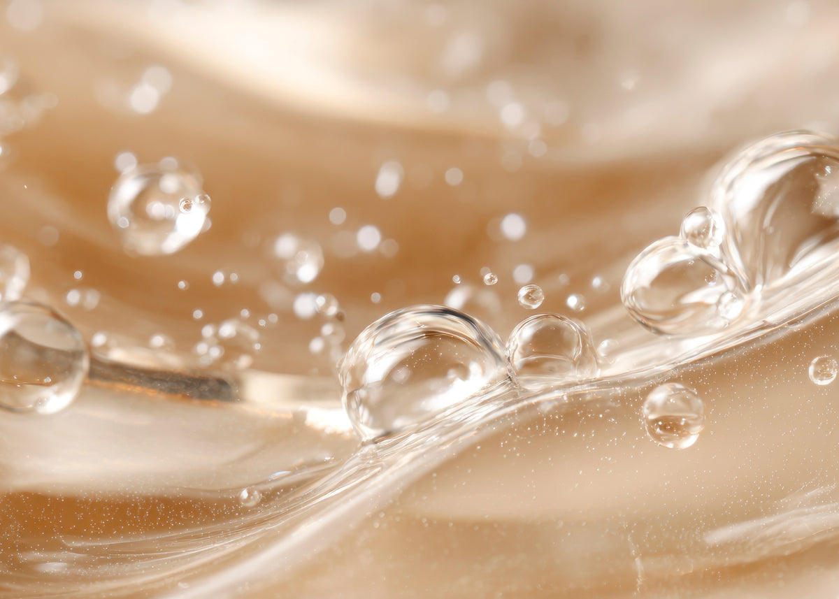 close-up of clear gel droplets on a warm cream surface in soft diffused light