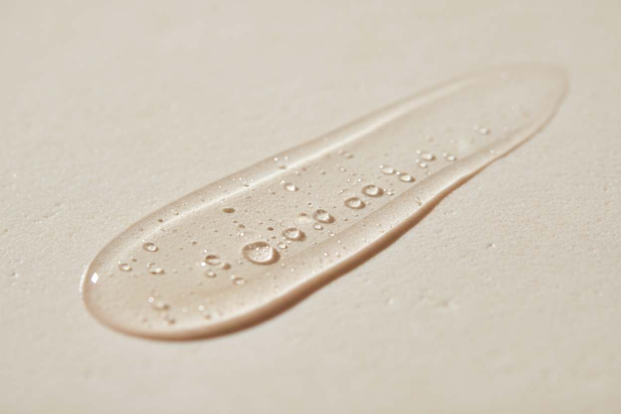 Close-up of a lightweight serum texture on a pale surface, soft diffused light