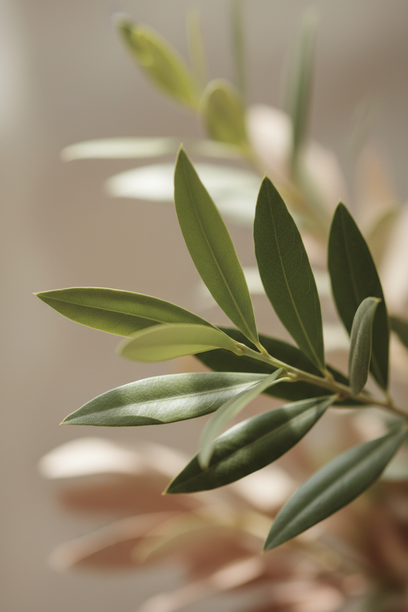 An olive branch in soft natural light. Leaves at different stages, moving quietly through their season.