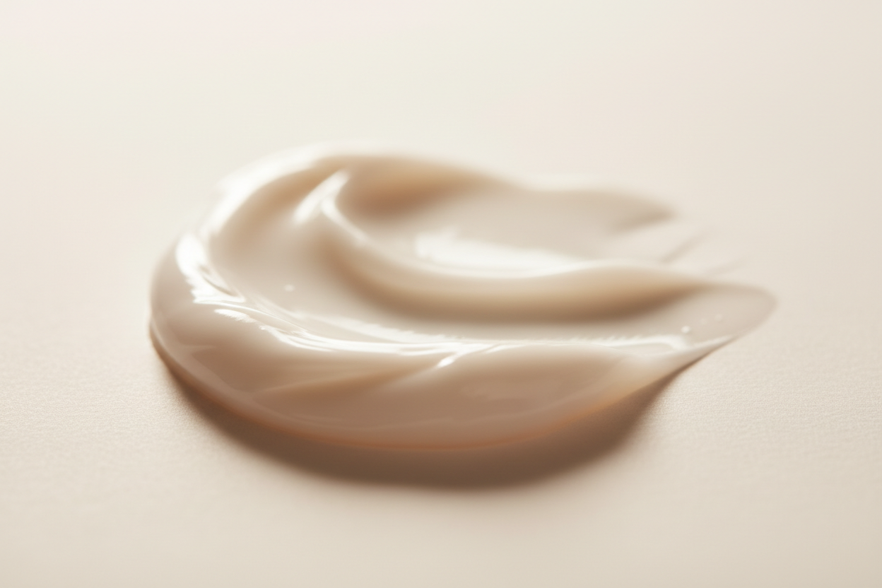 close-up of a cream texture on a warm neutral surface in soft light