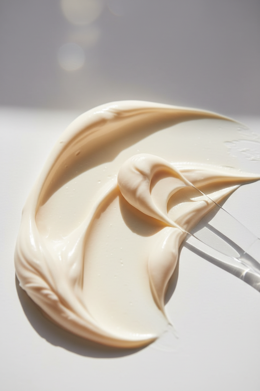 Close-up of a rich cream texture swirled on a pale surface, warm natural light