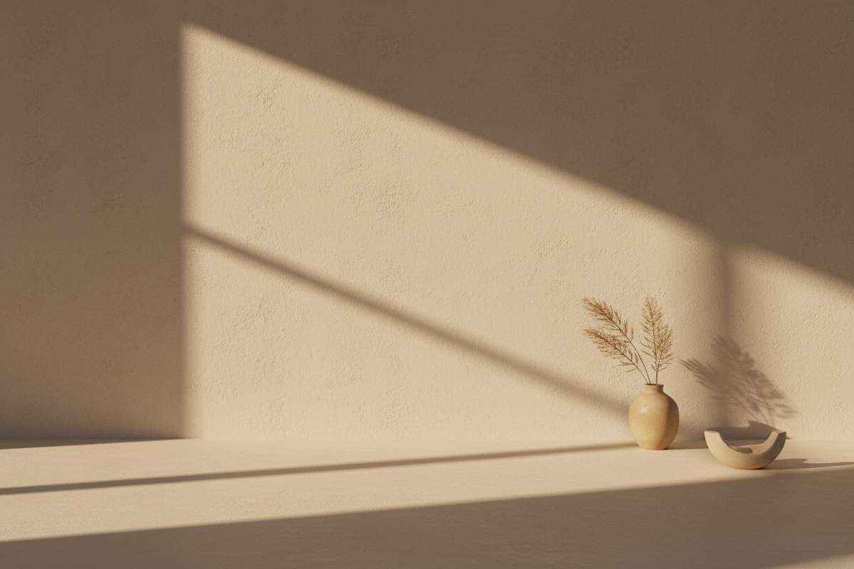 Warm golden light falls across a minimal surface beside a small ceramic vase with a dried stem — a quiet, still moment.