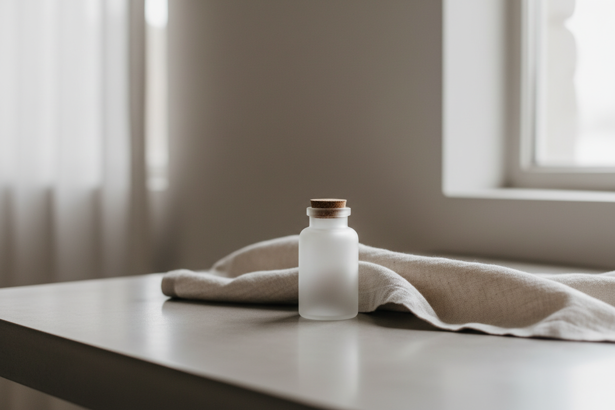 A single frosted bottle resting on linen in soft morning light.