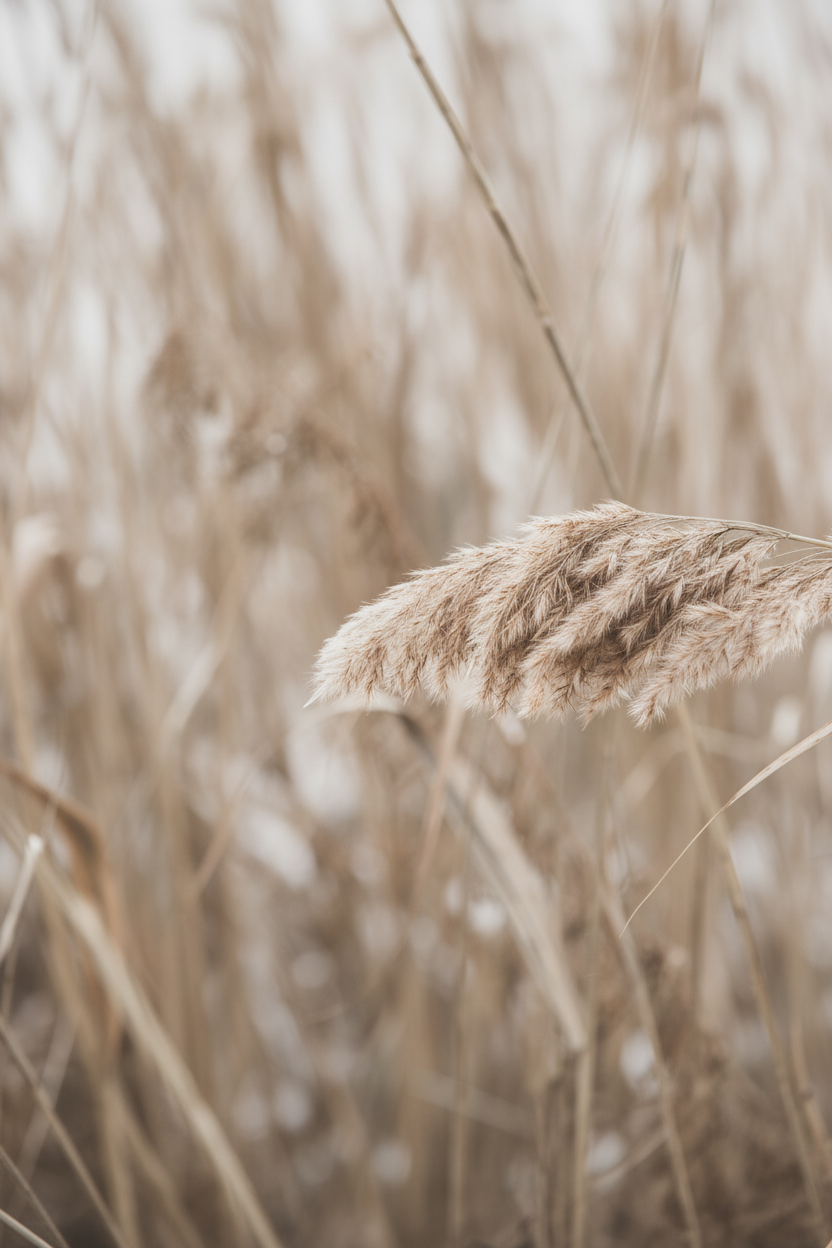 Close-up grass seed head, warm tones, portrait crop