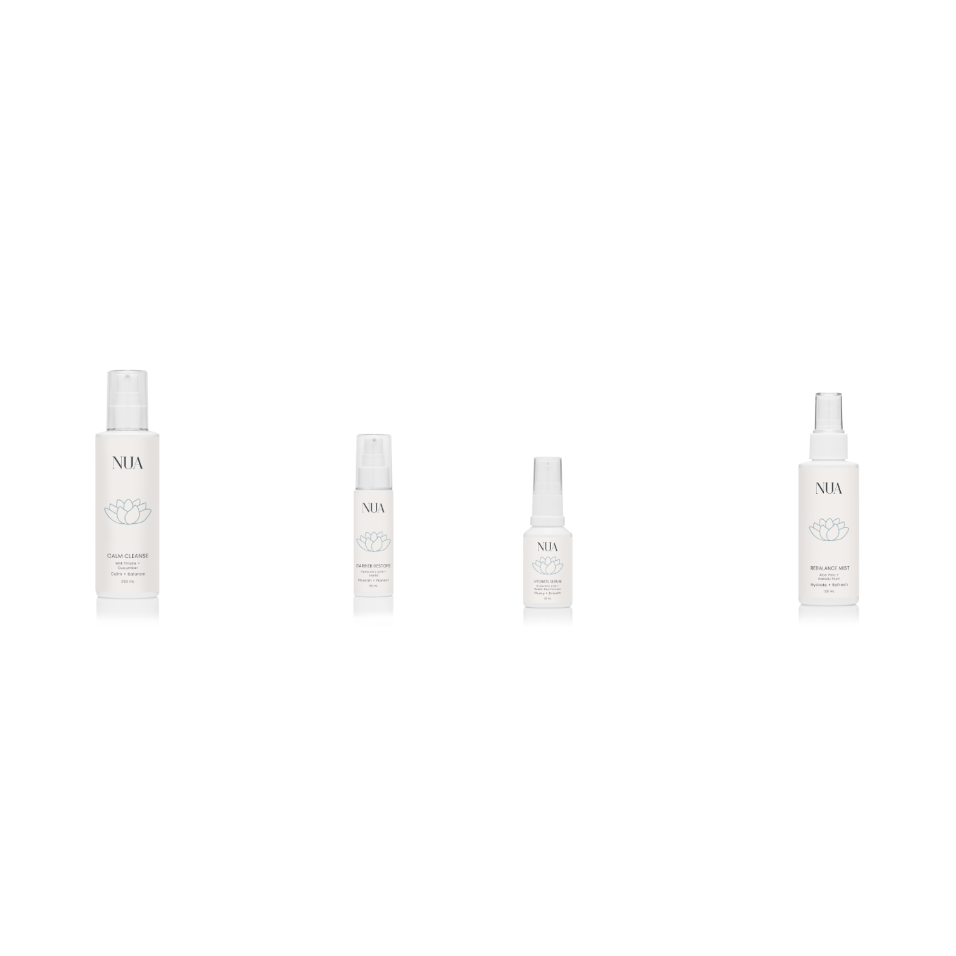 The Calm Ritual skincare set arranged on a warm neutral surface
Calm Ritual — a four-step barrier-first skincare routine