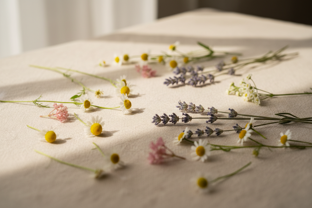 Wildflowers and chamomile scattered on a linen surface in soft natural light