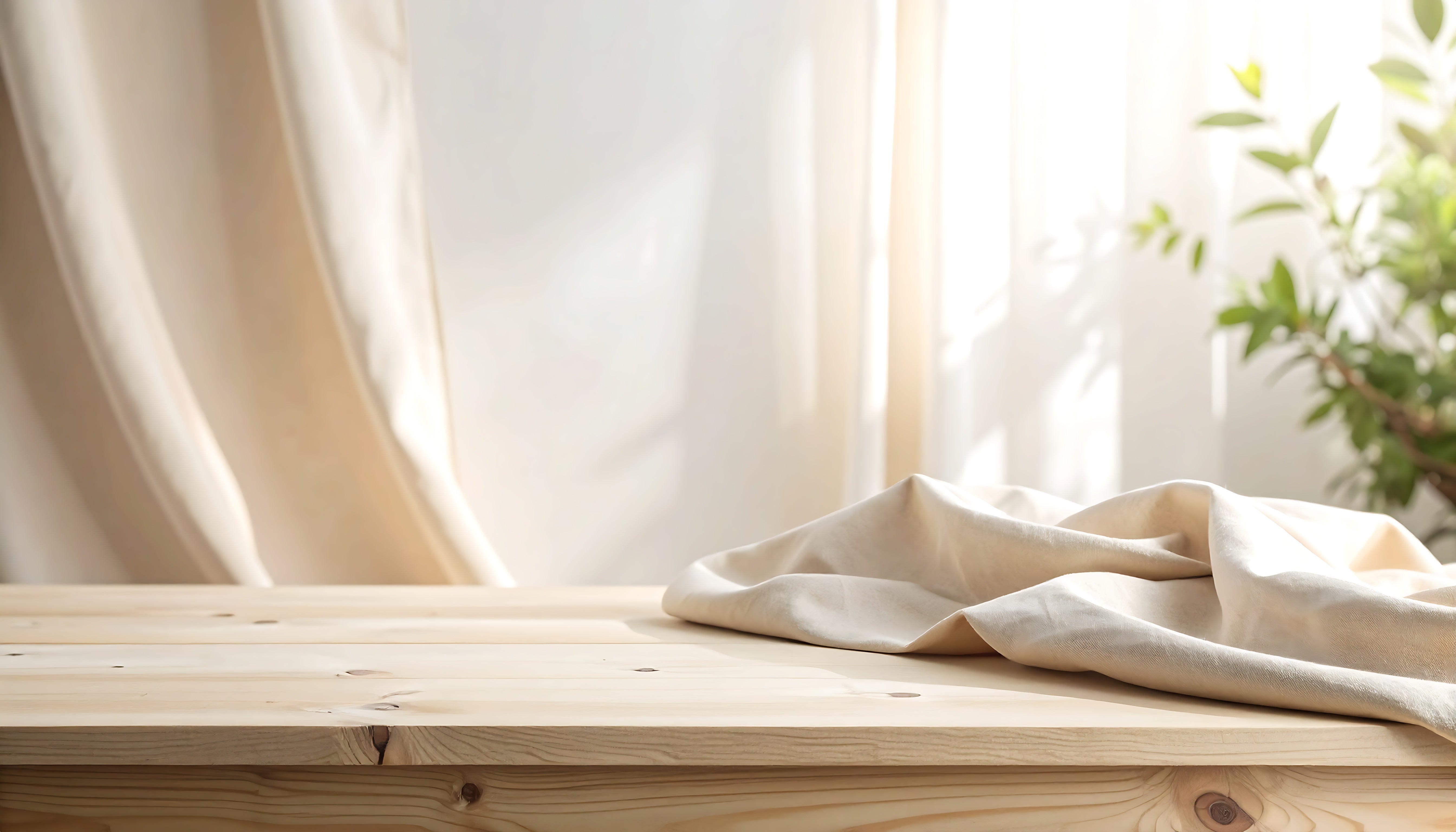 Soft neutral fabric draped over a wooden surface with warm natural light and minimal botanical styling, creating a calm wellness-inspired aesthetic.
