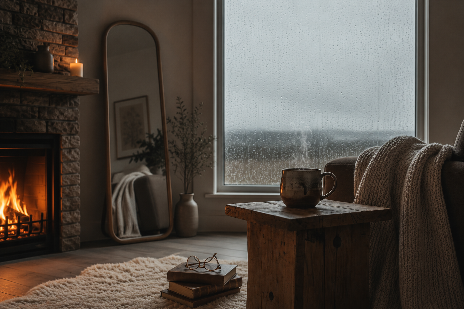 A warm interior scene with a fireplace glowing on a rainy day, a steaming mug on a wooden side table, a full-length mirror leaning against the wall, and books with glasses resting on a soft rug — a quiet moment of stillness and reflection.