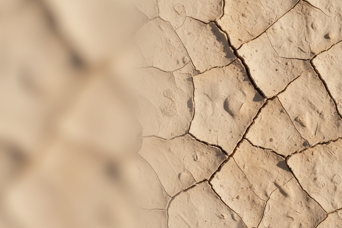 close-up of cracked clay texture in warm natural light, evoking dry or unsettled skin