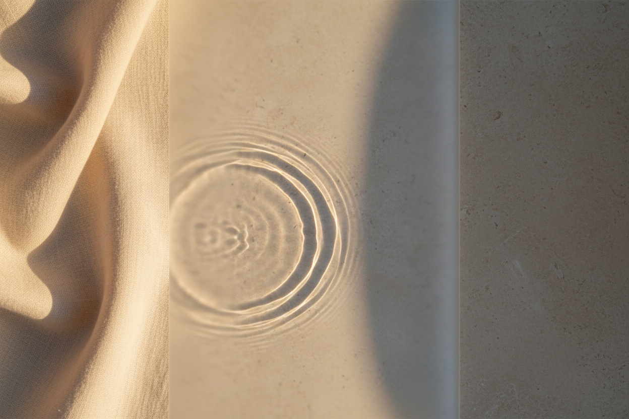 A single water droplet rippling in a ceramic basin, caught in warm morning light
