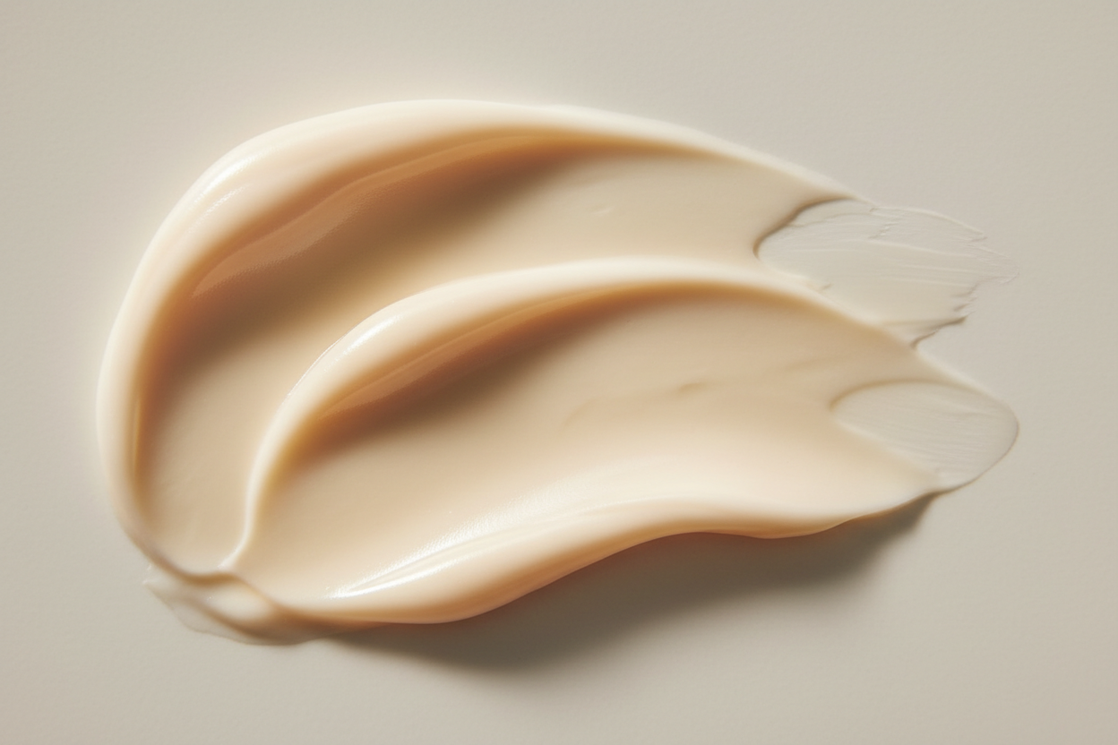 Close-up of a smooth moisturiser texture on a pale surface, warm soft light