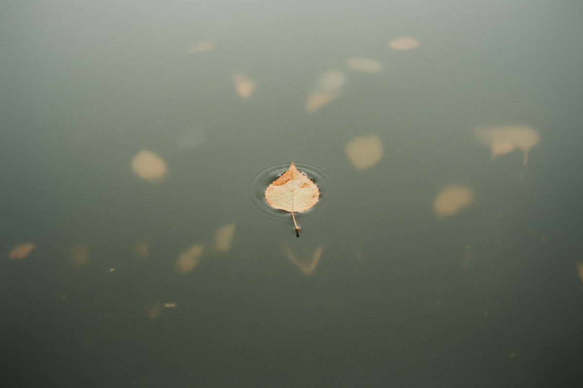 A single leaf resting on still water. Calm, unhurried, moving through its season.
