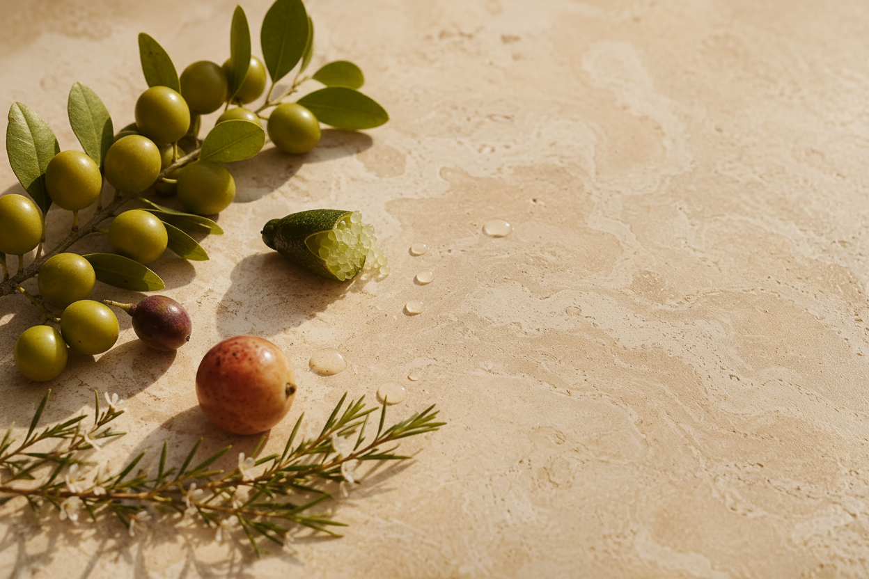 kakadu plum, finger lime, quandong  and lemon tea tree on a warm travertine surface