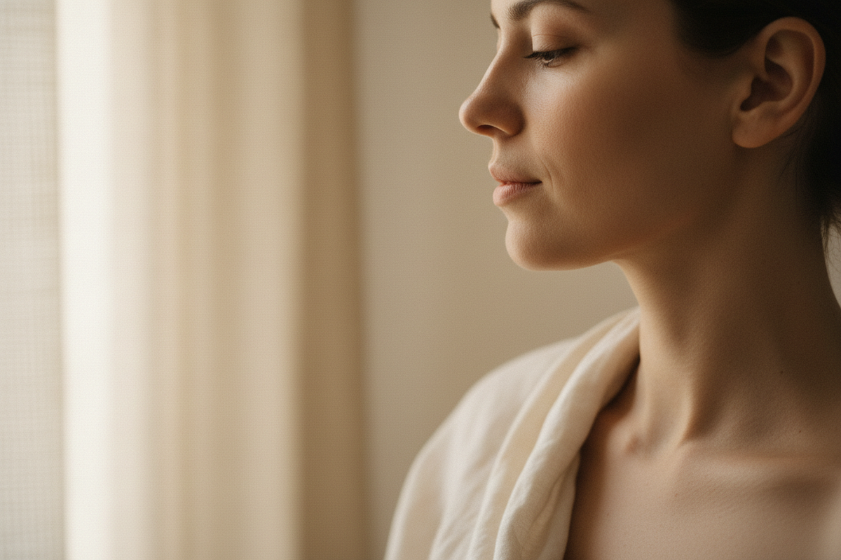 Close-up of bare skin in soft natural light against a warm neutral background