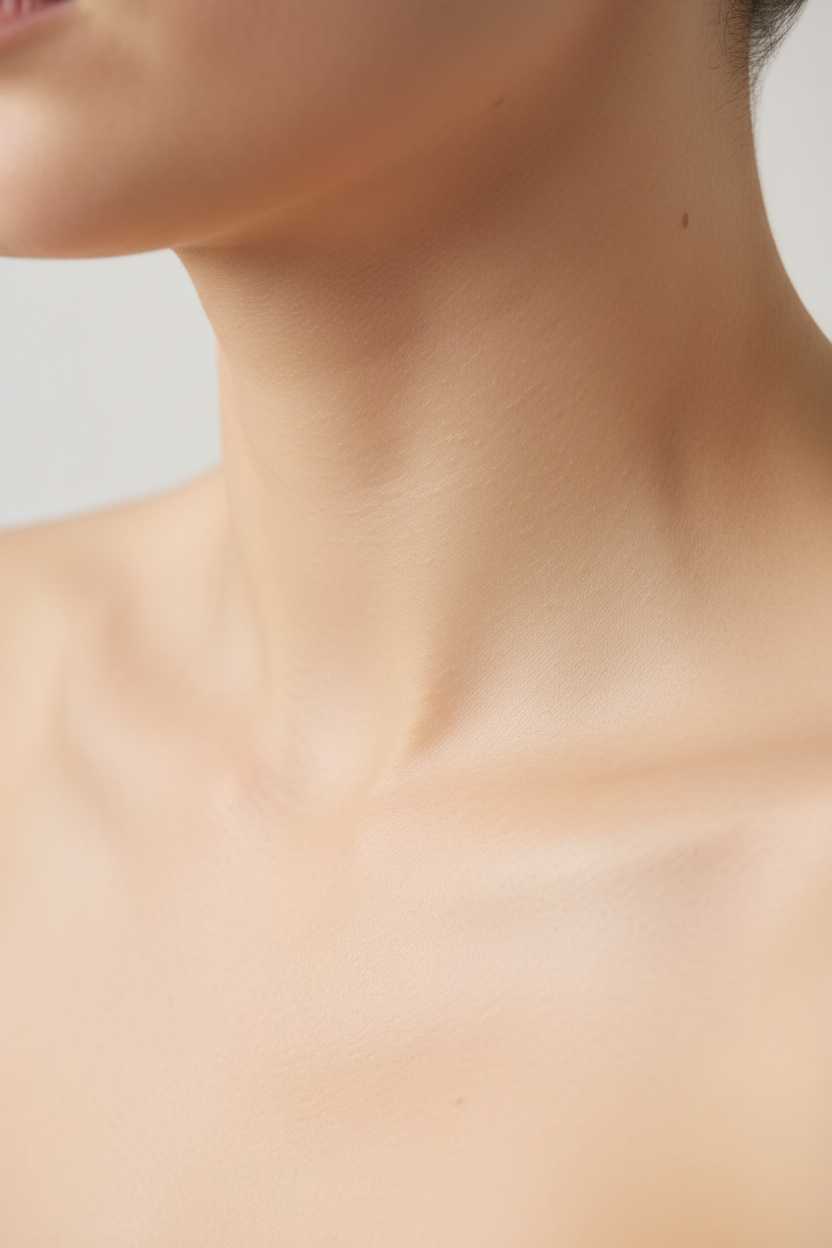Close-up of neck and collarbone, soft natural light, calm skin