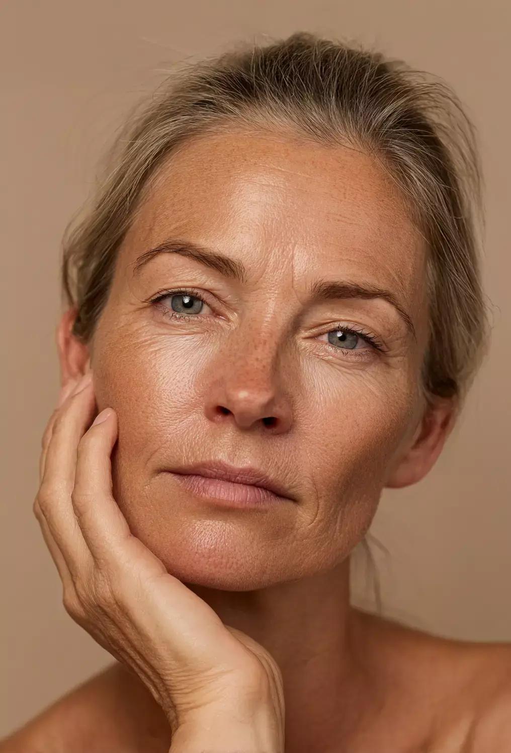 A woman resting her hand against her cheek, looking directly ahead — present, attentive, quietly noticing.