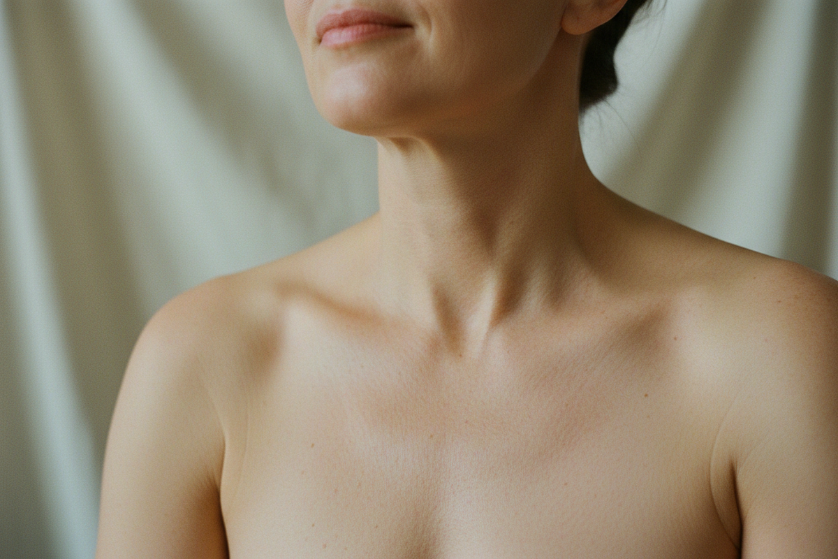 A woman's neck and shoulders in soft natural light — skin that is simply itself.