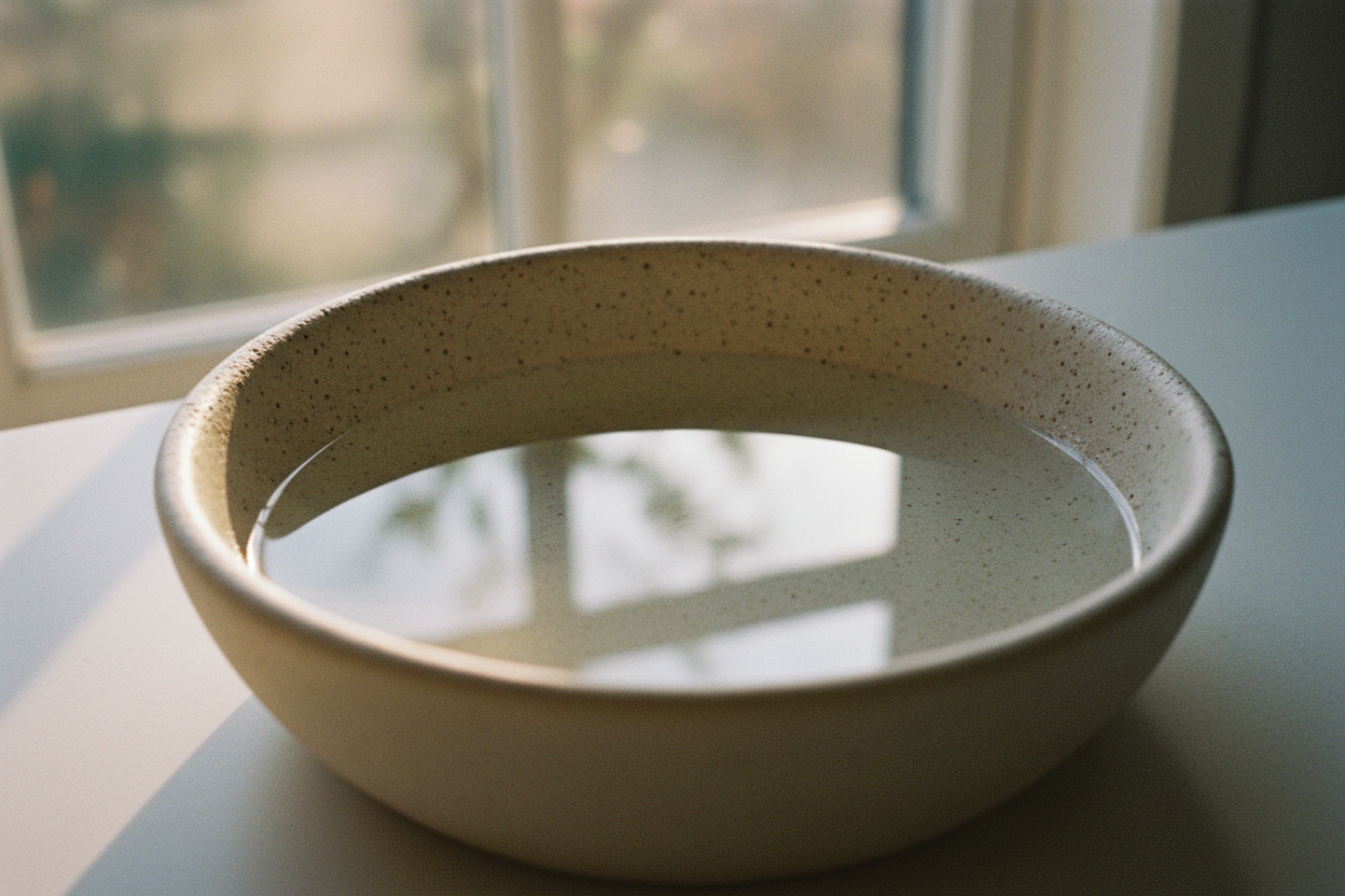 A ceramic basin holding still water in quiet morning light