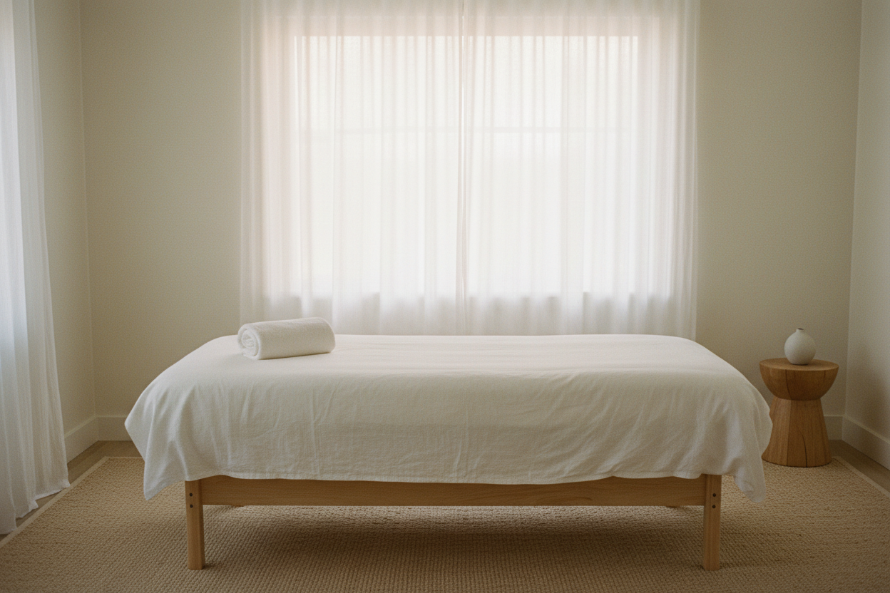 An empty treatment room in soft morning light — clean linen, quiet, unhurried.