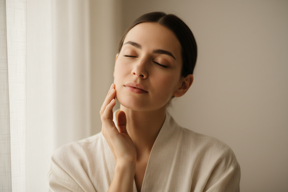 woman in a cream linen robe with eyes closed, hand resting gently against her cheek